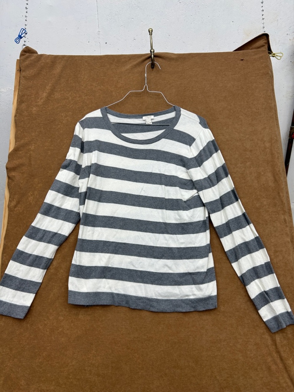 J. Crew Gray & White Striped Crewneck Sweater